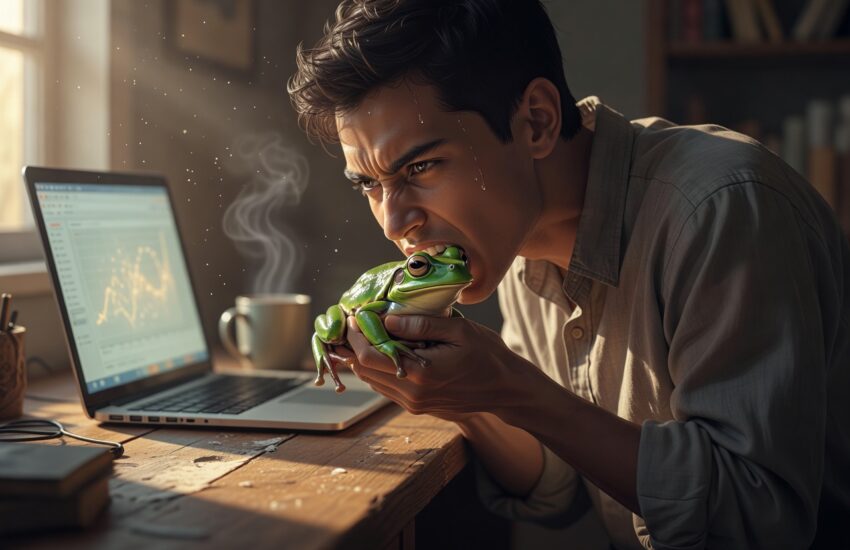 Orang makan katak ala Eat That Frog untuk stop procrastinating, ilustrasi tugas sulit pertama pagi hari