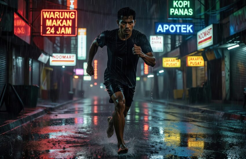 Pria push batas lari hujan Jakarta ilustrasi 40% rule David Goggins