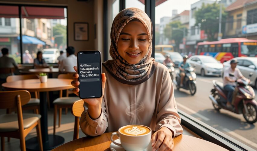 Wanita automate tabungan latte factor untuk financial security di Jakarta