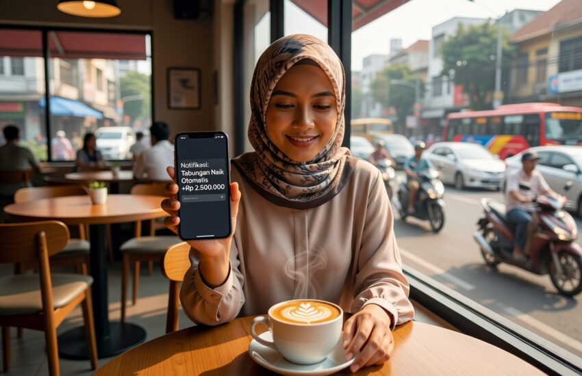 Wanita automate tabungan latte factor untuk financial security di Jakarta