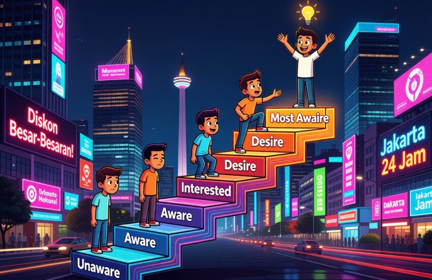 Infografis 5 awareness levels Eugene Schwartz untuk market sophistication stages di Indonesia 2025