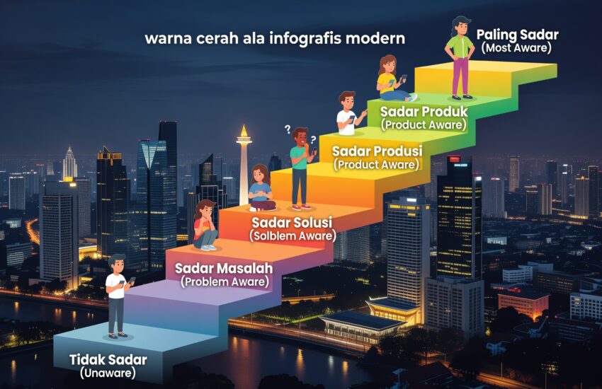 Infografis 5 awareness levels untuk copywriting Eugene Schwartz market sophistication stages