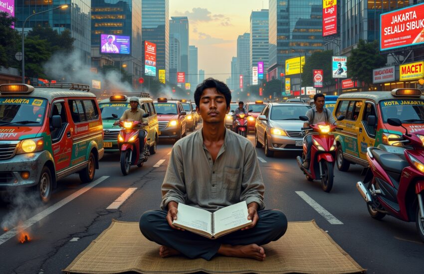 Visualisasi balance action dengan reflection di rutinitas kota Indonesia untuk clarity pikiran