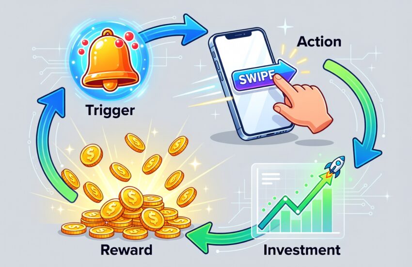 Ilustrasi Hook Model Trigger Action Variable Reward Investment untuk build habit-forming products