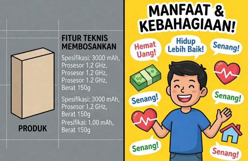 features vs benefits copywriting fundamentals ilustrasi perbandingan