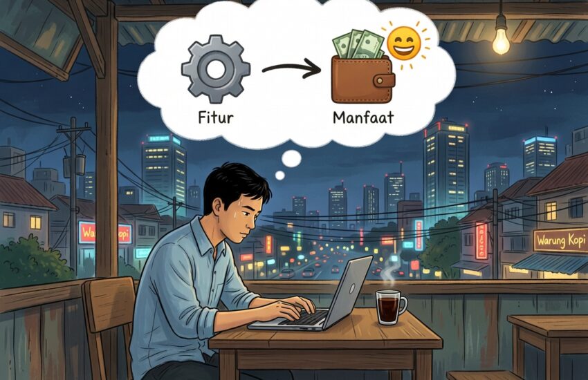 Copywriter ubah features vs benefits di headline untuk naikkan konversi