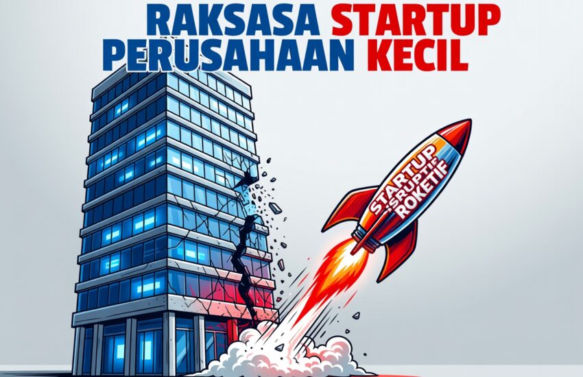 Ilustrasi incumbents fail karena sustaining innovation digambarkan gedung besar retak oleh roket startup disruptive