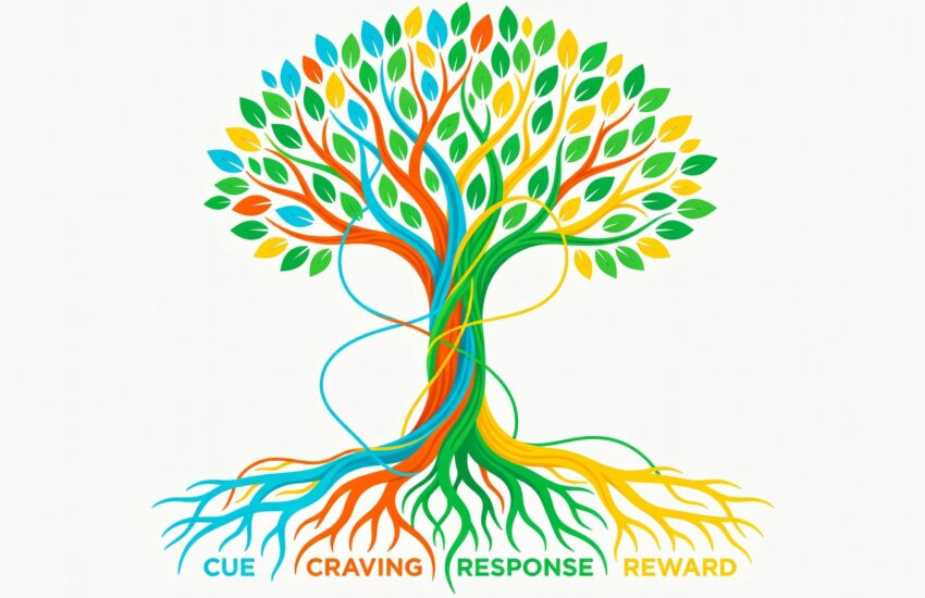 Infografis 4 laws of behavior change cue craving response reward dari Atomic Habits untuk compounding habits