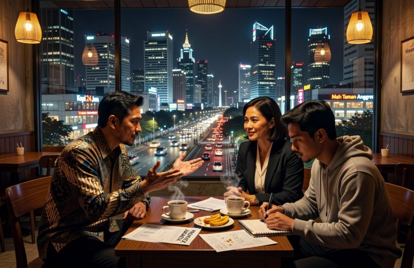 Ilustrasi tactical empathy negosiasi dengan labels mirrors calibrated questions ala Chris Voss di kafe Jakarta