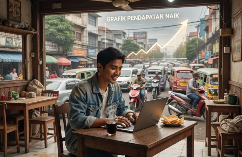 Orang launch side hustle cepat di kafe Jakarta dengan laptop dan chart profit