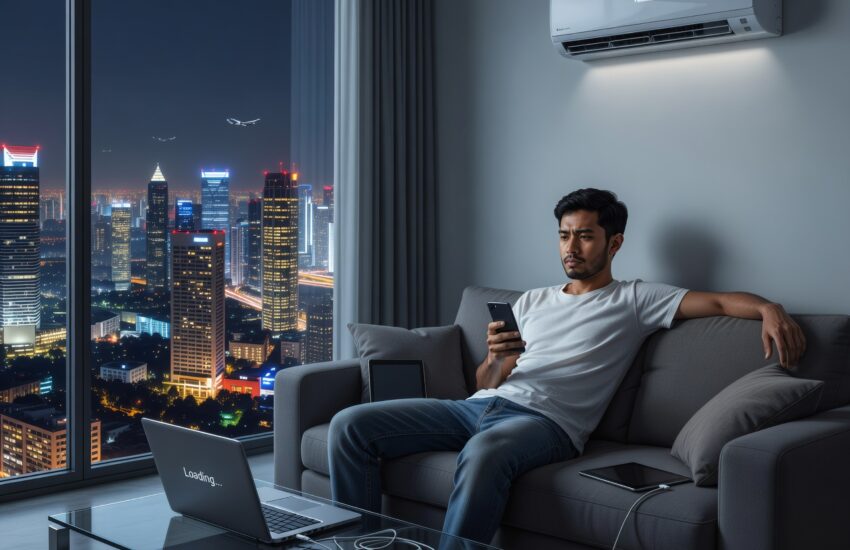 Modern life too comfortable bikin stagnan, ilustrasi pria Jakarta rebahan sofa AC