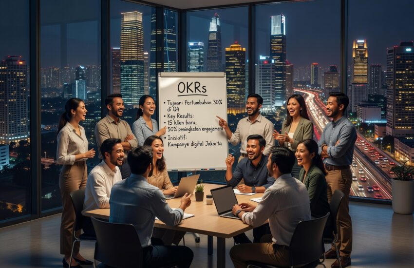 Tim perusahaan diskusi OKRs untuk focus dan alignment strategi bisnis 2025