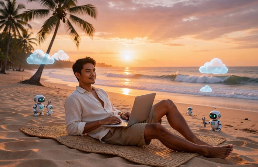 Orang kerja remote di Bali dengan outsourcing dan automation untuk lifestyle design ala DEAL