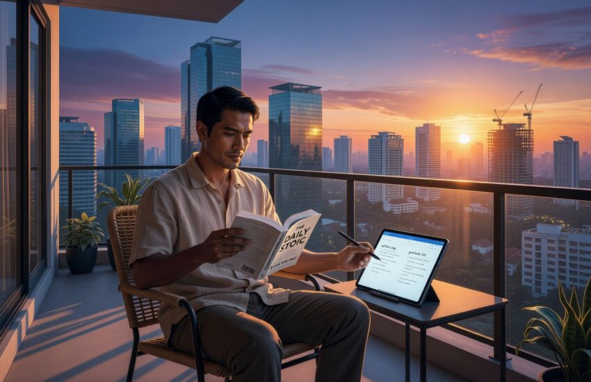 Pria apply practical wisdom untuk life dari The Daily Stoic saat pagi di Jakarta