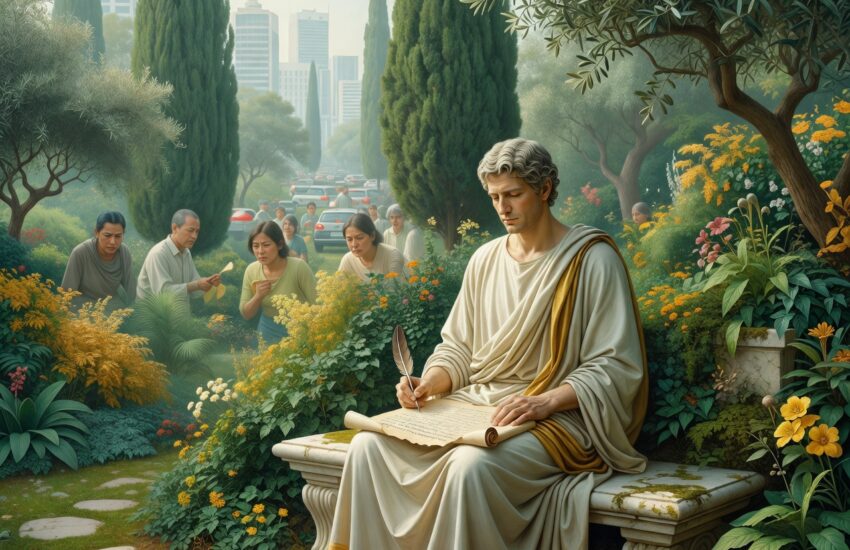 Seneca menulis tentang true wealth is contentment di Letters from a Stoic dengan elemen Jakarta modern